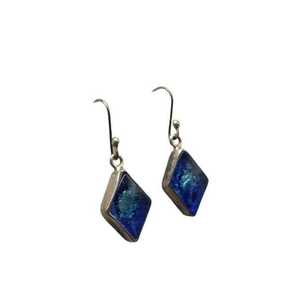 925 Sterling Silver Navy Blue Art Glass Triangle Dangle Drop Earrings VTG - Picture 2 of 5